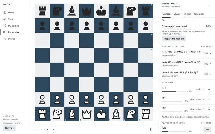 Repertoire builder: main move, alternatives and opponent replies
